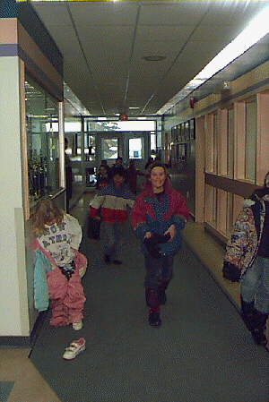 elementary students in the hallway